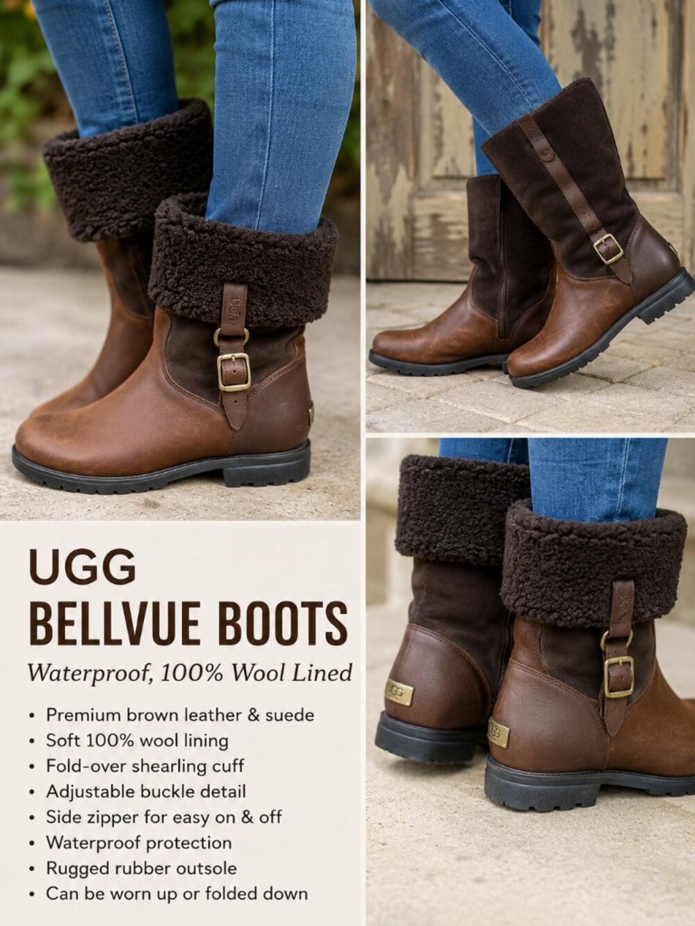 UGG Waterproof, 100% wool lined Bellvue Boots W/8 Brown Leather & Suede 1001926